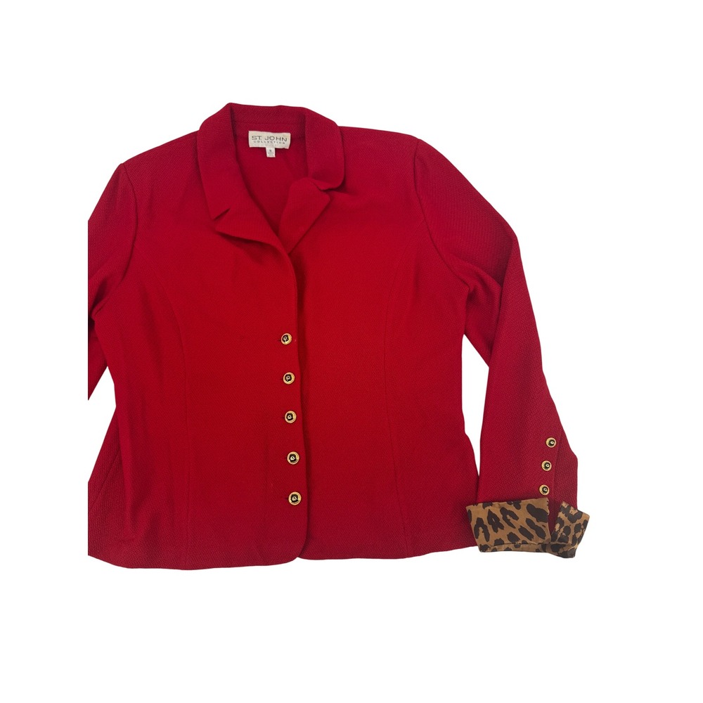 St John Collection Jacket Womens 16 Red Leopard Cuff Santana Knit Gold Button
